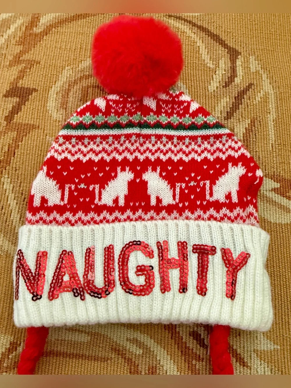 Little Cat Or Dog Christmas Holiday Santa Hat Naughty/Nice Pom Poms Red White